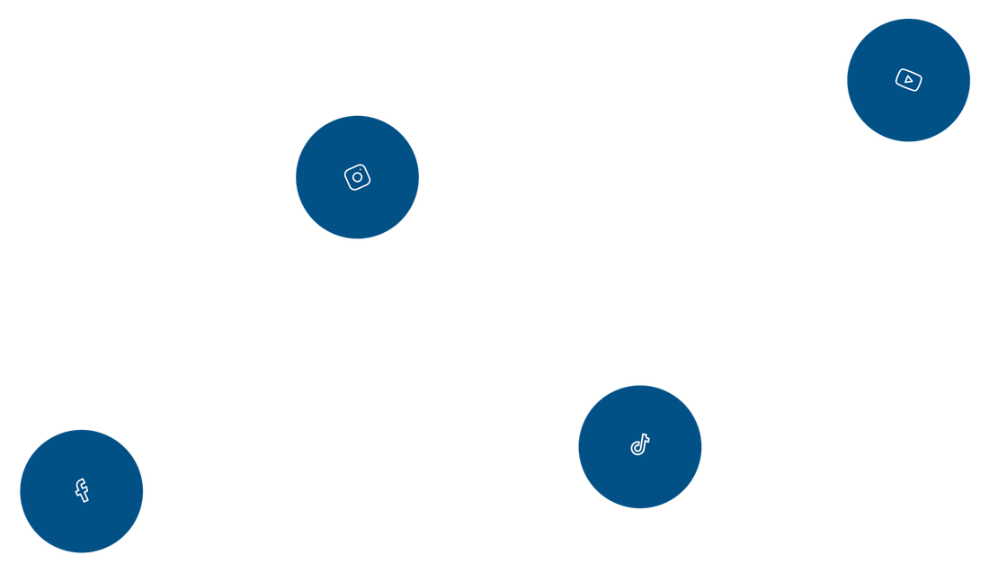 Four blue circular icons scattered on a white background.