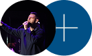 Circular profile photo of a singer on stage beside a blue circle with a white plus sign