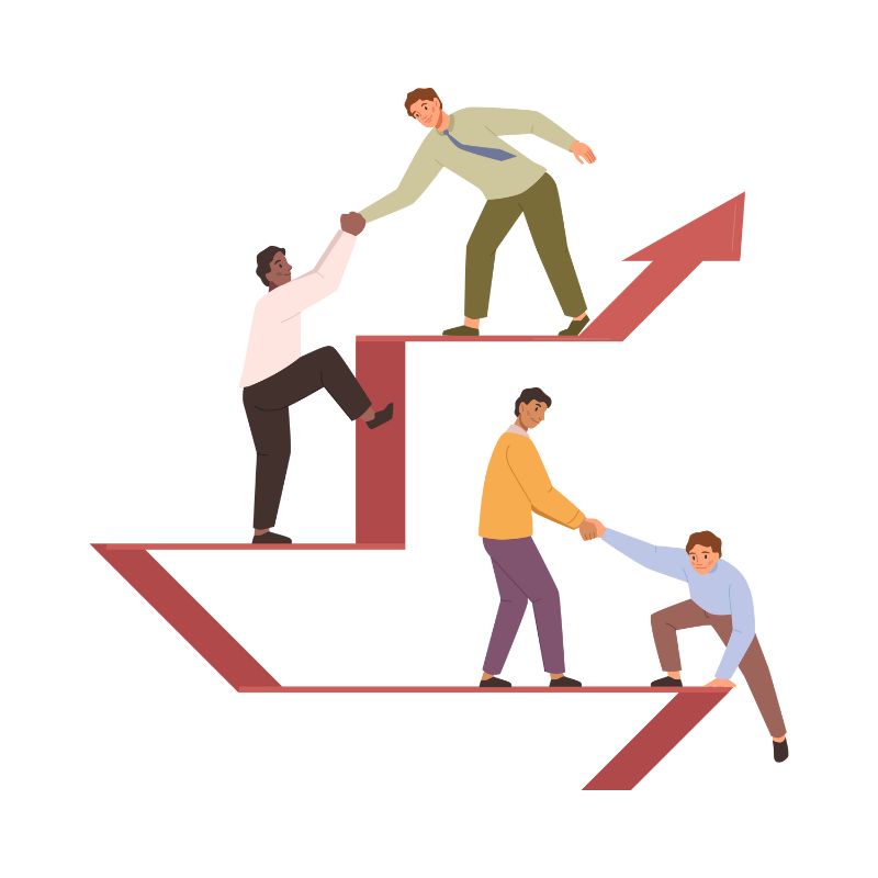 A group of people are helping each other climb up a staircase.