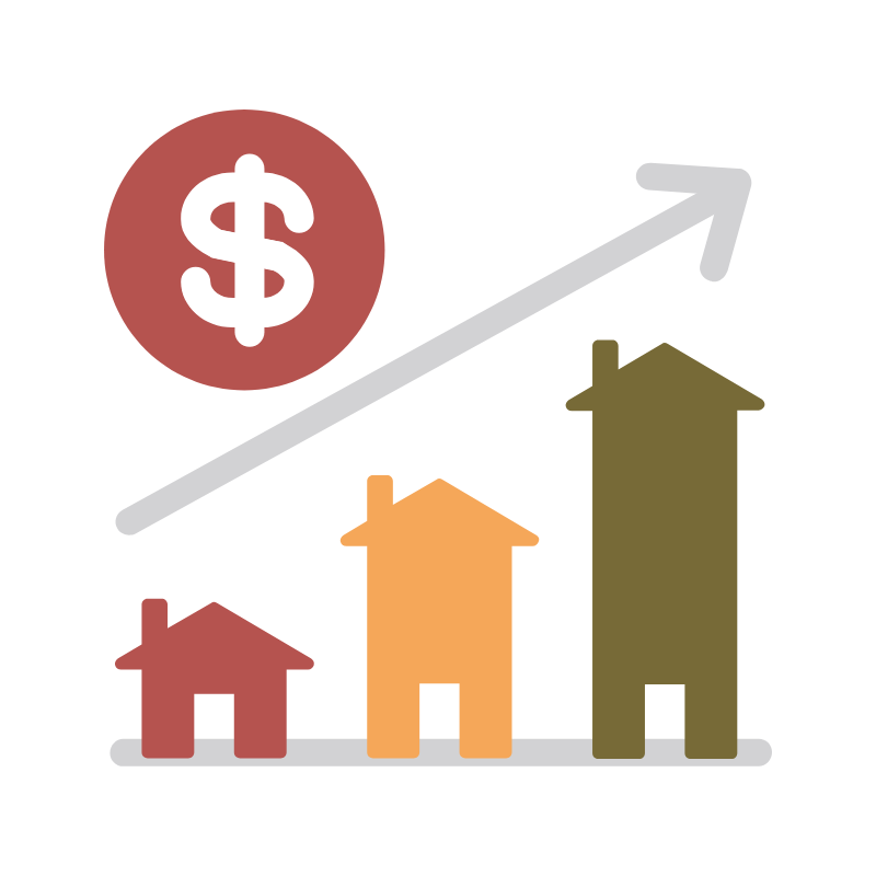 A graph of houses and a dollar sign with an arrow going up.