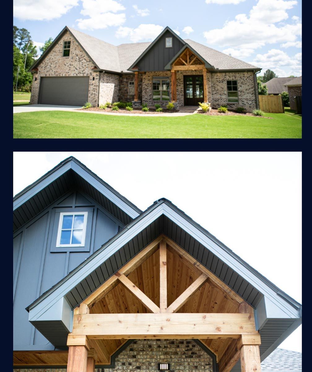 A single-story brick house with a blue vertical-siding gable and a natural wood timber-framed covered entryway.