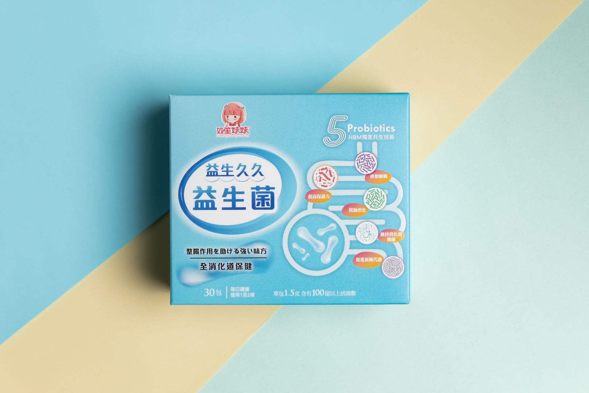 藍色日本益生菌補充劑包裝盒，背景為藍米色。