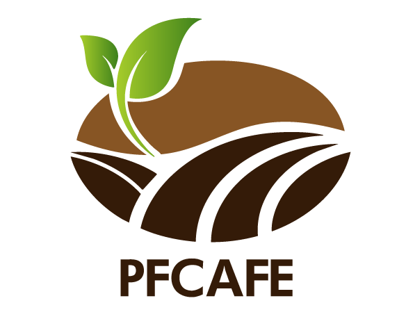 PFCAFE 標誌，綠色葉子覆蓋在棕色咖啡豆和咖啡杯形狀之上。