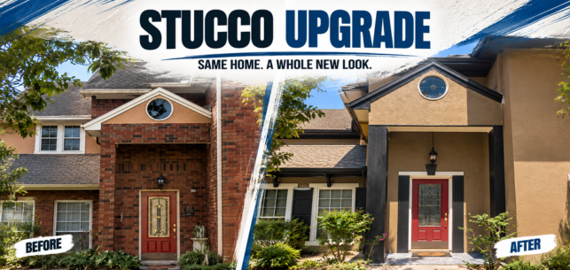 Stucco home before-and-after exterior remodel with brick facade and red front doors