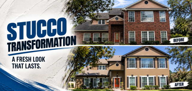 Stuco transformation ad showing before and after of a brick house with blue text “A fresh look that lasts.”