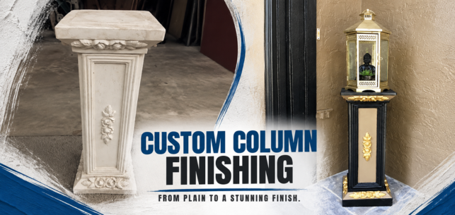Custom column finishing ad with white and black decorative columns and bold blue text