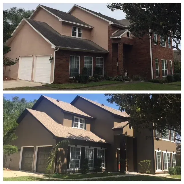 Two views of a beige suburban house with a garage and brick accents, one darker and one brighter.