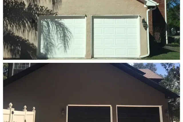 Two garage doors on a house, shown in a split before-and-after view.