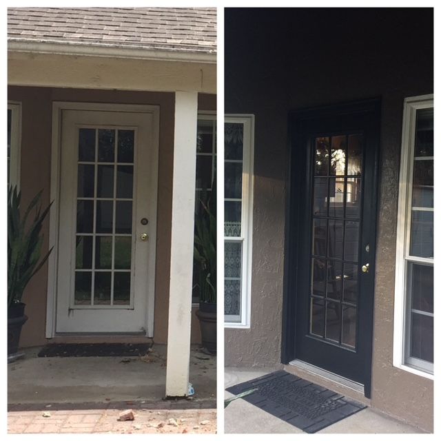 Before-and-after of a front entry door: white door and columns on the left, black door and darker porch on the right.