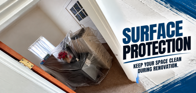 Flooded room with a couch and boxes; bold text reads “Surface Protection” and “Keep your space clean during renovation.”