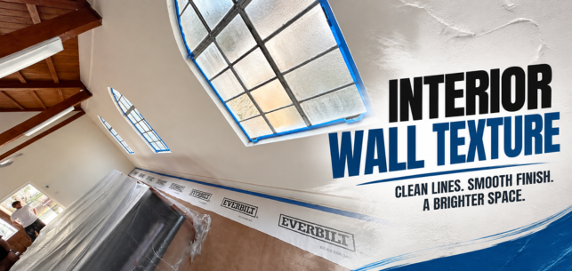 Modern interior wall texture with skylight, paint roller, and bold text: 