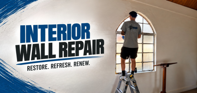 Worker on ladder painting a wall beside “Interior Wall Repair” text and a bright arched window