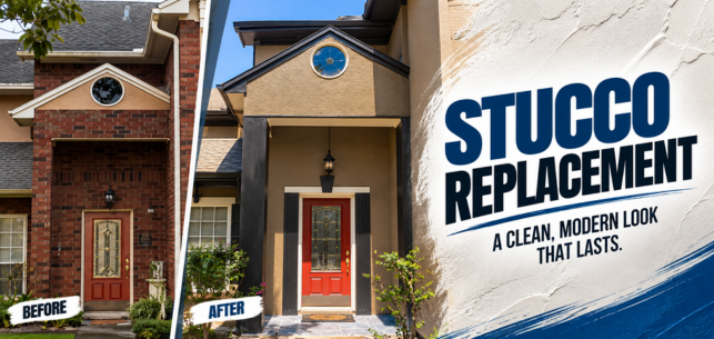Before-and-after of a home stucco replacement, with a brick house changed to a tan stucco exterior and red door.