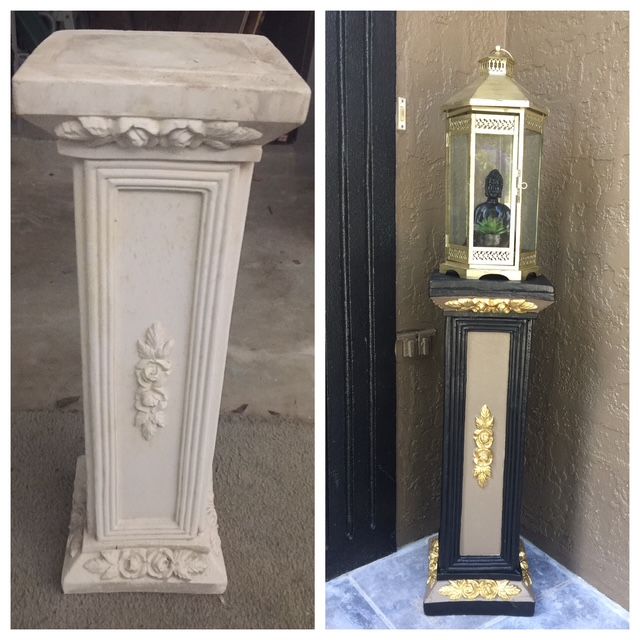 White and black decorative pedestal columns with gold accents, shown side by side.