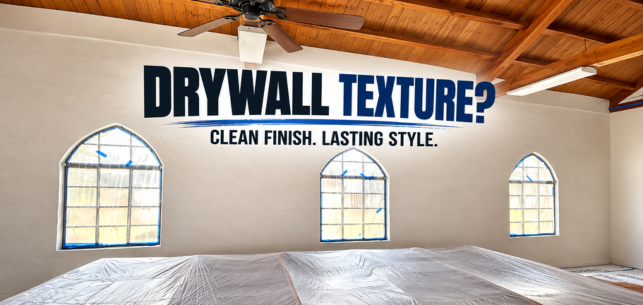 Interior room with vaulted wood ceiling and large windows, overlaid with “DRYWALL TEXTURE? CLEAN FINISH. LASTING STYLE.”
