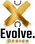 Gold brushstroke X over “Evolve. Design” logo in black and gold on white background