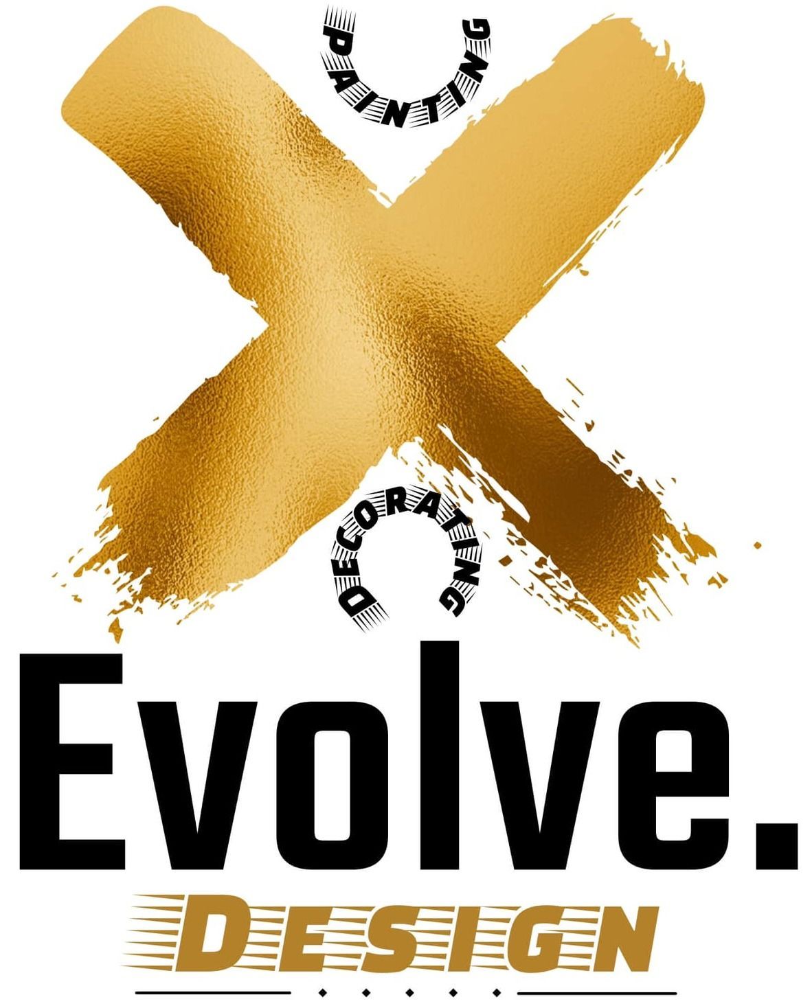 Gold brushstroke X over “Evolve. Design” logo in black and gold on white background