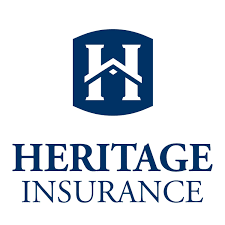 Heritage Insurance logo with blue house emblem and navy text on white background