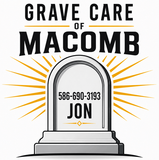 Grave Care of Macomb logo with gray tombstone and gold sunburst, phone 586-690-3193, Jon Thomas
