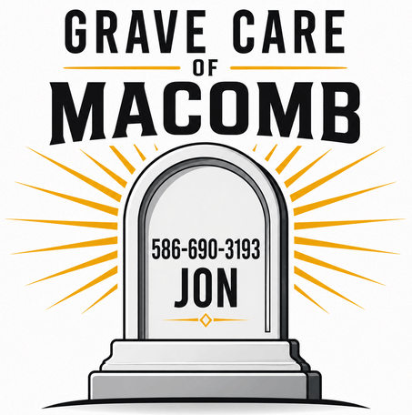 Grave Care of Macomb logo with gray tombstone and gold sunburst, phone 586-690-3193, Jon Thomas