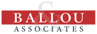 Logo of Ballou Associates, white text on red rectangle with a grey