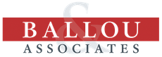 Logo of Ballou Associates, white text on red rectangle with a grey 