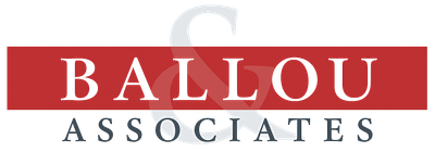 Logo of Ballou Associates, white text on red rectangle with a grey