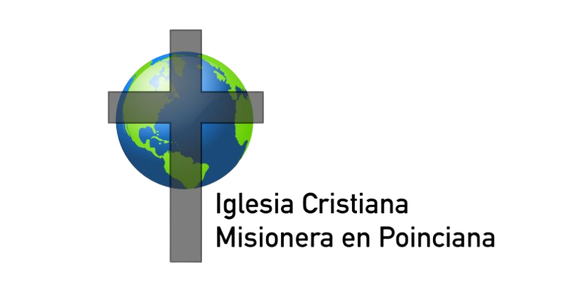 Logo with globe and gray cross, labeled “Iglesia Cristiana Misionera en Poinciana”
