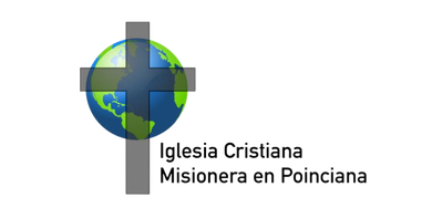 Logo with globe and gray cross, labeled “Iglesia Cristiana Misionera en Poinciana”