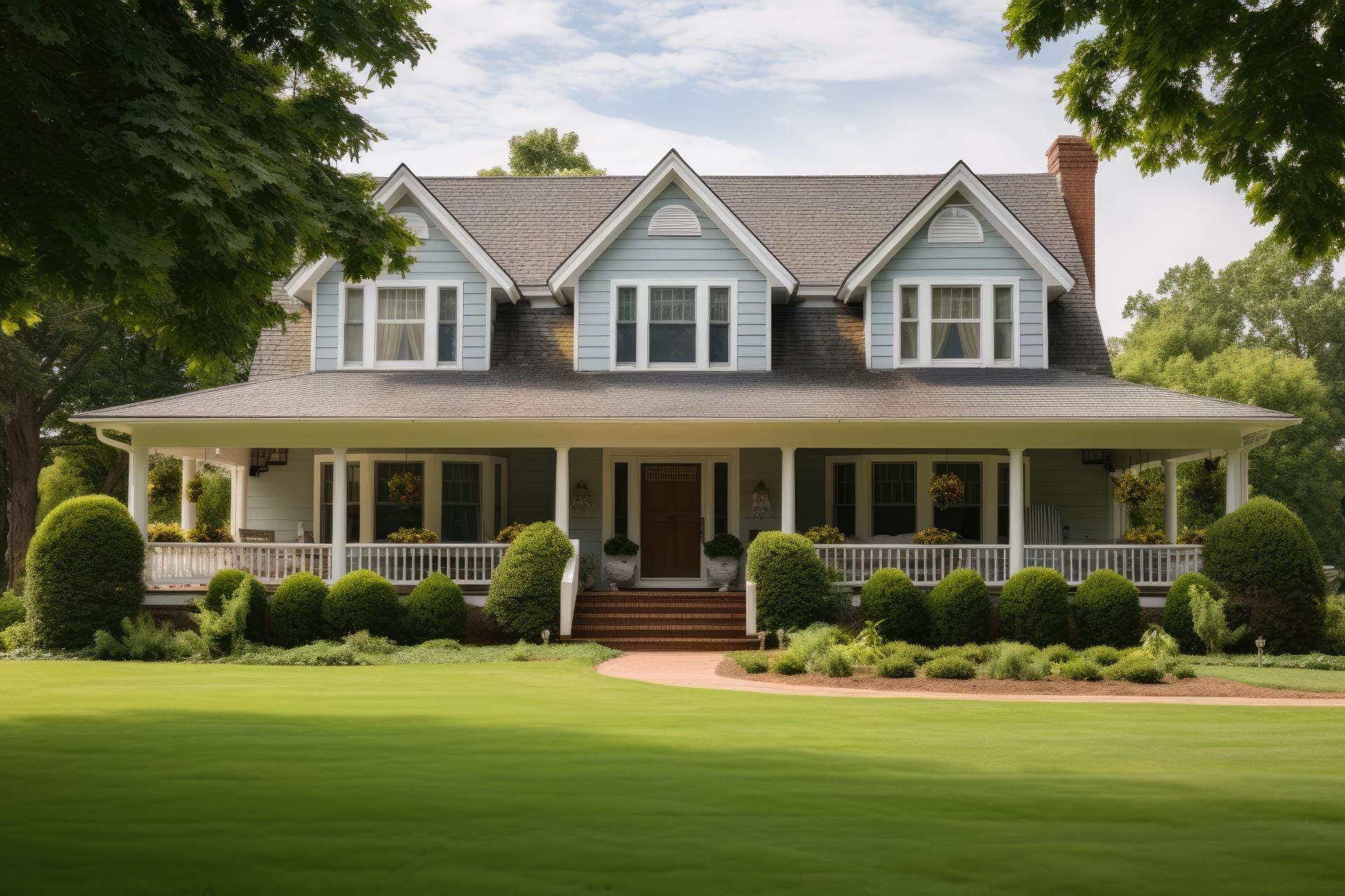 Large white farmhouse with wraparound porch, dormer windows, and a manicured green lawn