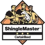 The logo for shingle master is a group of men standing next to each other holding a saw.
