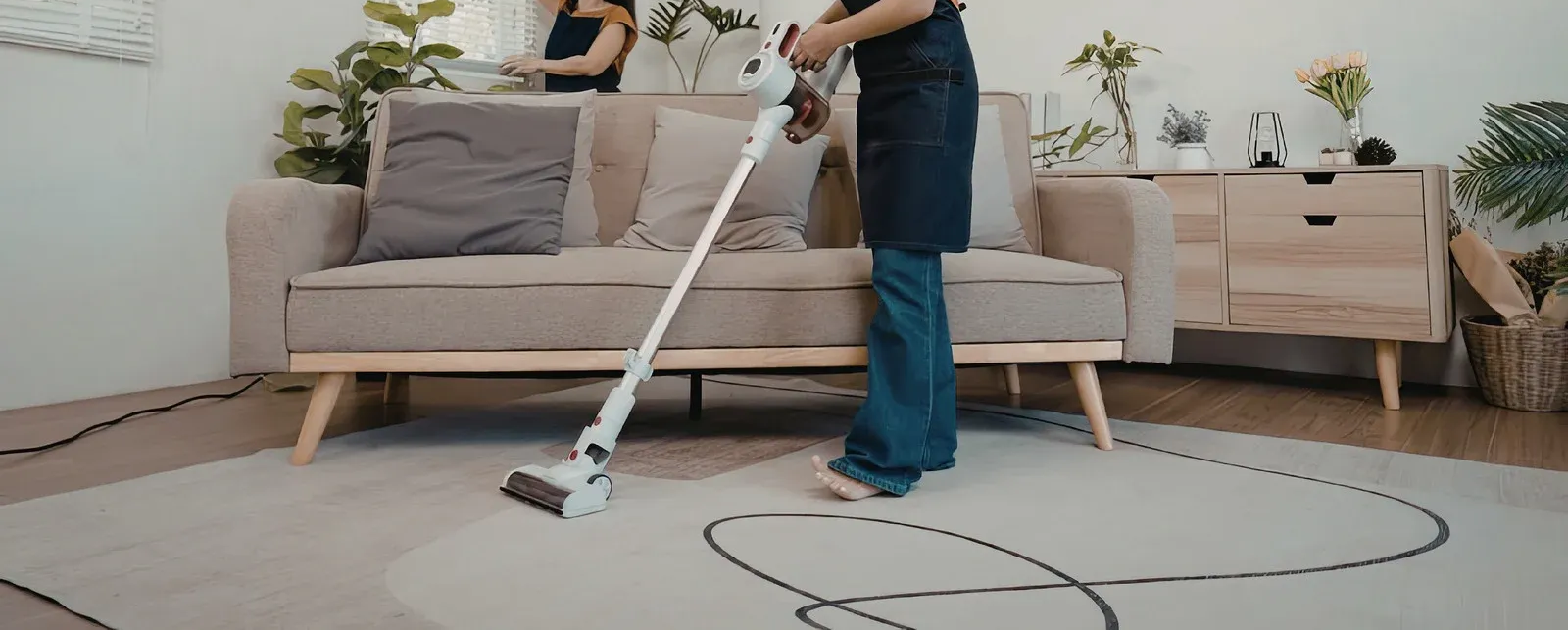 A person vacuuming a rug in a living room, a second person is standing by a couch.