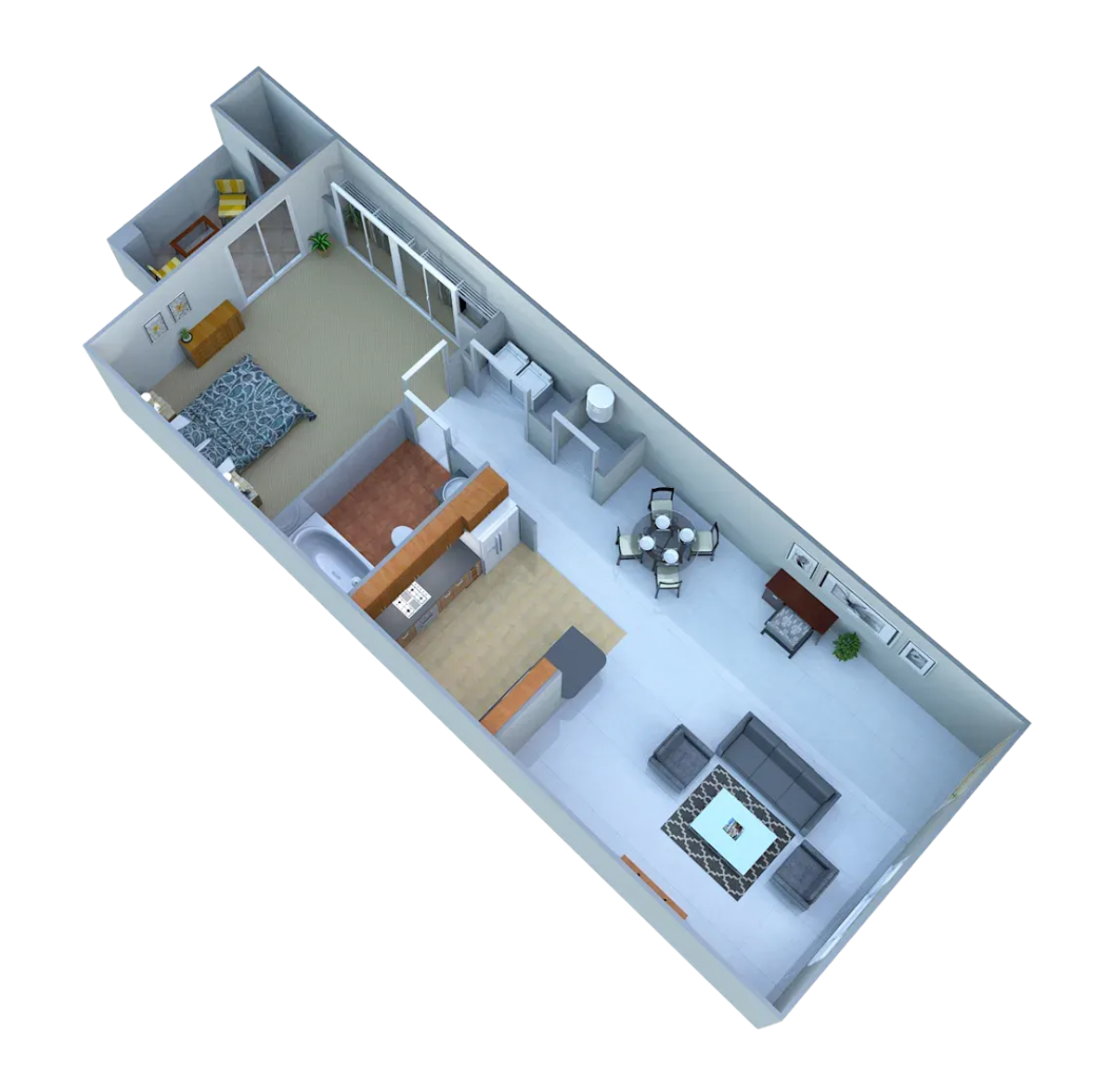 A 3D floor plan of a one-bedroom apartment with an open-concept kitchen, dining, and living area, bathroom, and balcony.