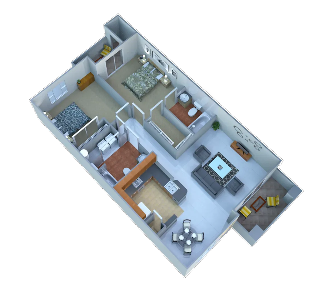 A 3D floor plan showing a furnished apartment with a kitchen, living room, bedroom, bathroom, and a balcony.