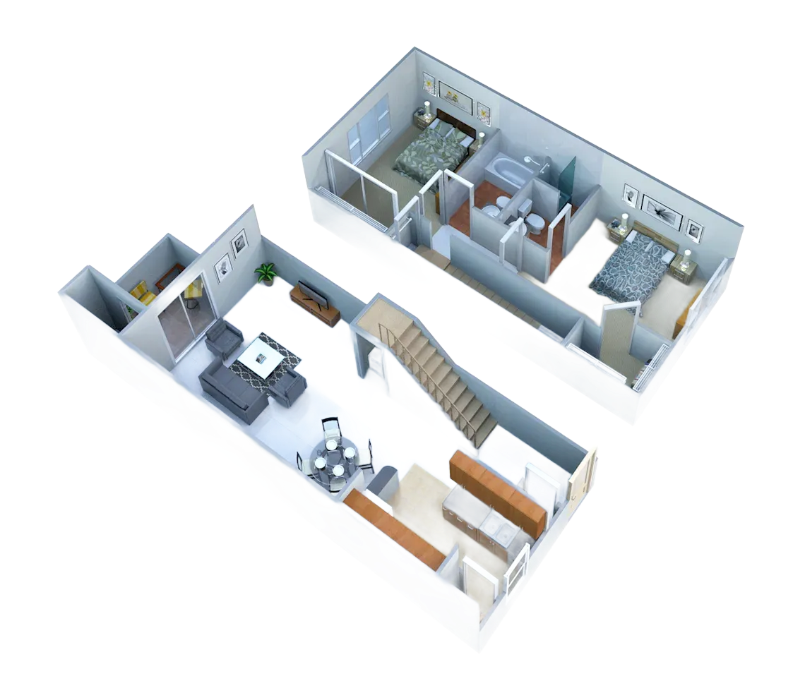 3D floor plan of a two-bedroom apartment with a living area, dining space, kitchen, and two bathrooms.