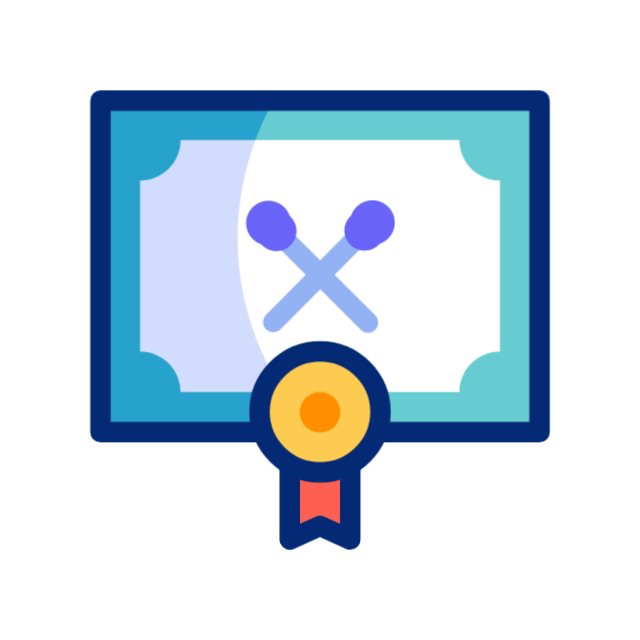 Certificate icon with crossed drumsticks and a ribbon.