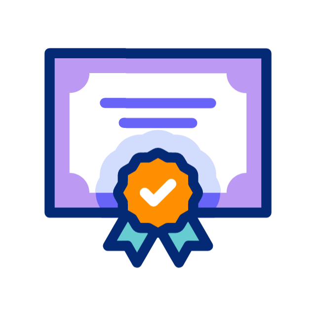 A purple certificate with an orange ribbon and a check mark on it.