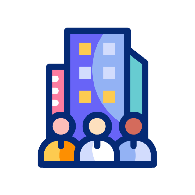 People in front of a blue building with yellow window lights; team or company concept.