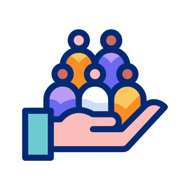 Hand holding a group of six stylized people in various colors.