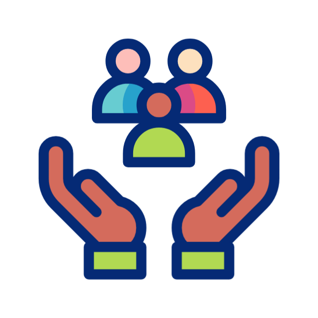 Hands cupping three people figures, symbolizing care and support.