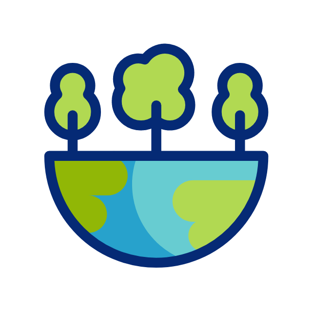 Globe with trees, symbolizing environmentalism and nature, with green and blue colors.
