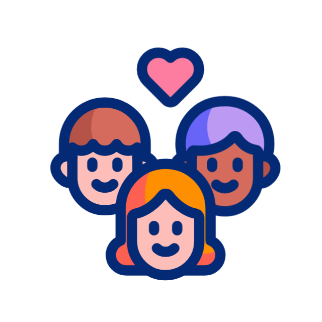 Three smiling cartoon faces of different skin tones with a pink heart above.