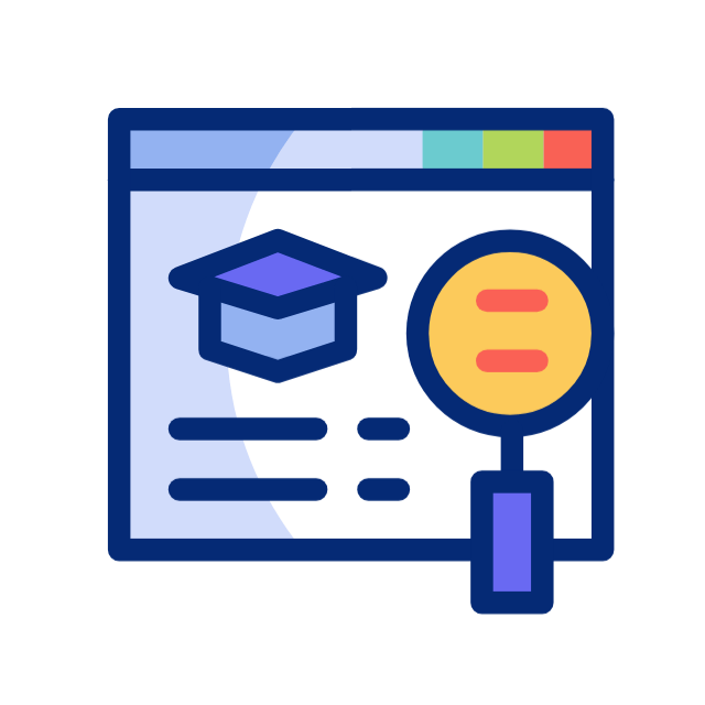 A computer screen with a graduation cap and a magnifying glass.