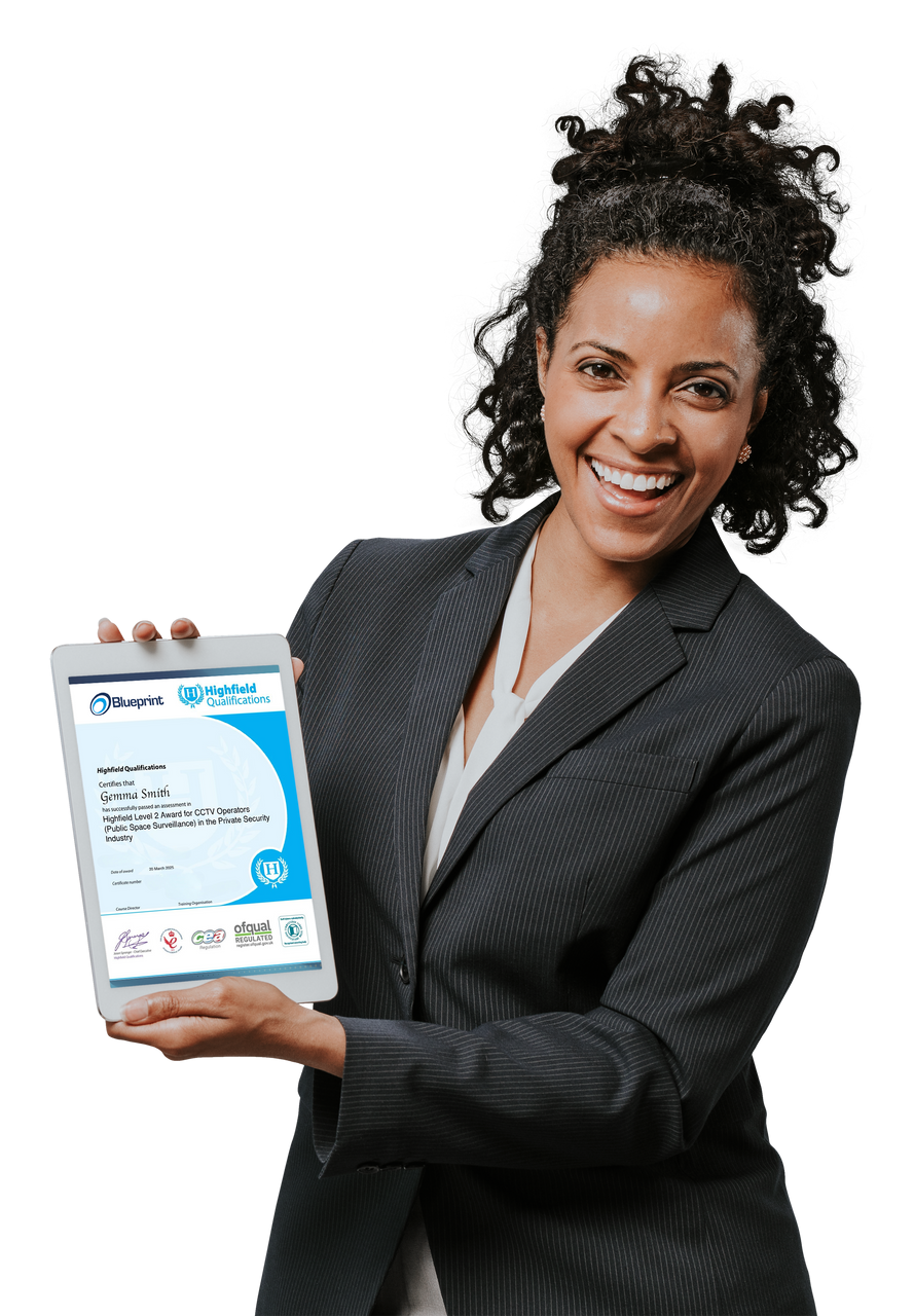 Woman in blazer smiling, holding tablet with a document.