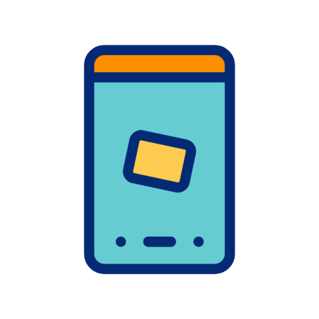 A blue cell phone with a yellow square on the screen.