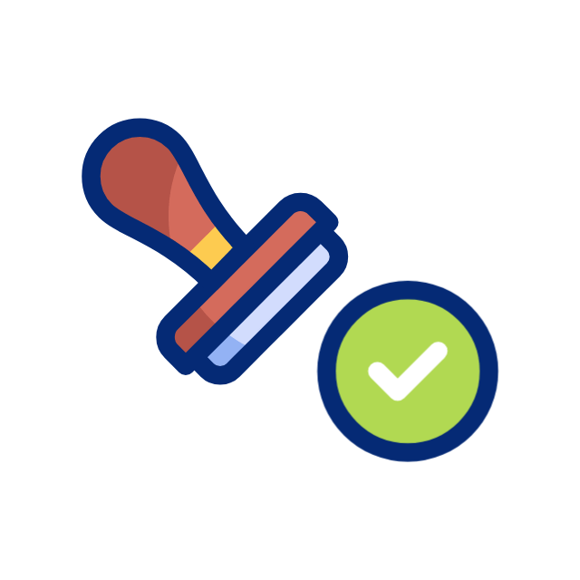 Stamp with a handle next to a green checkmark, indicating approval.