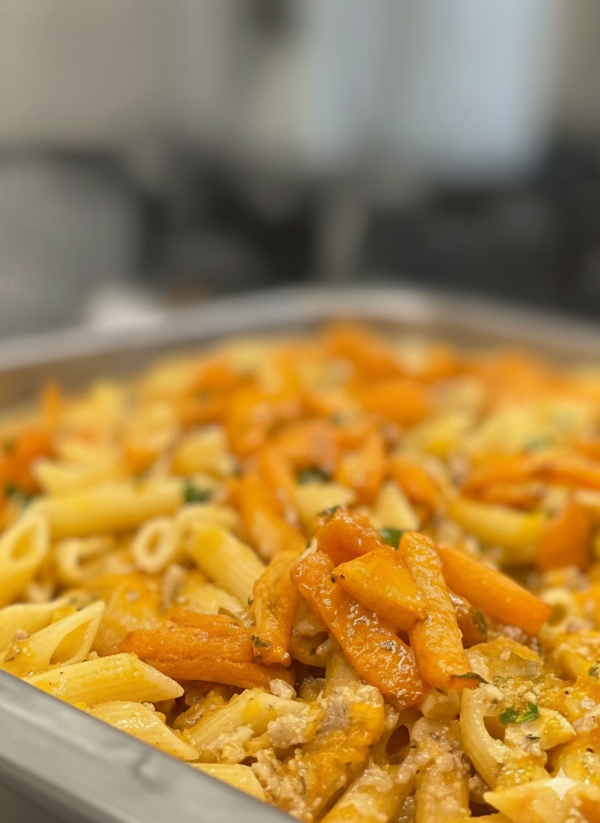 Un buffet con vari prodotti alimentari: verdure, carne e piatti al forno.