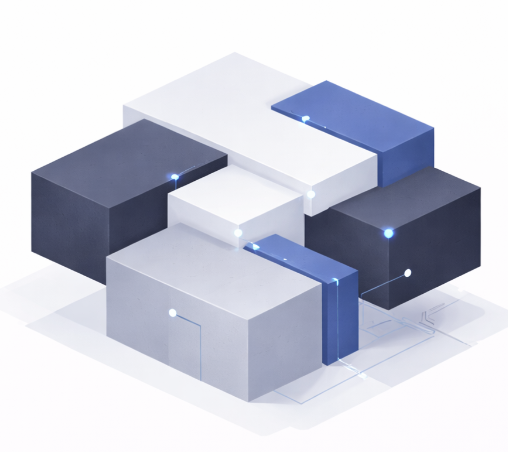 Isometric graphic of interconnected gray, blue, and white blocks with glowing points and light lines.