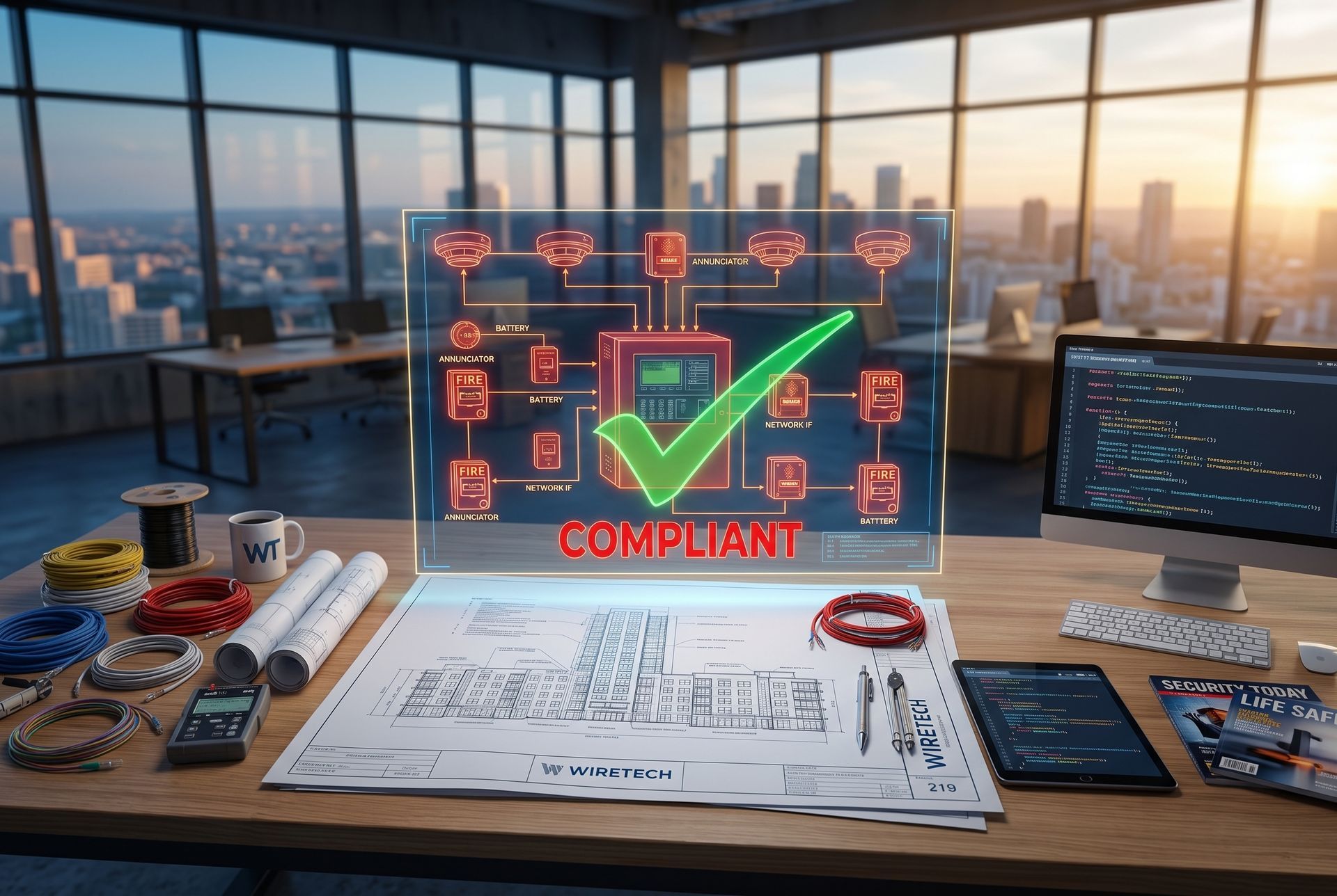 Desk with plans, gadgets, and a glowing red HUD showing a green checkmark labeled “compliant” in an office.