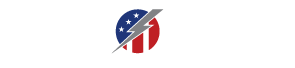 Logo: Patriotic American flag circle with a lightning bolt through it.